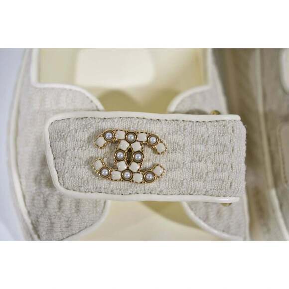 Chanel 22S Ivory White Knit CC Logo Mule Slide Strap Flat Dad Teva Sandal 37.5 - Picture 6 of 11